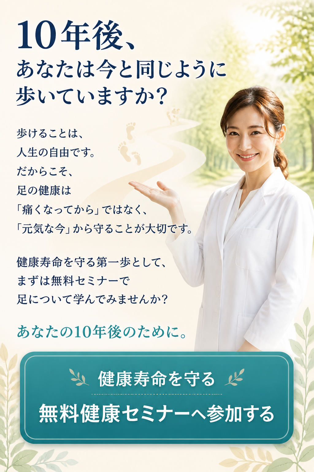 # 10年後、  
# あなたは今と同じように歩いていますか？

歩けることは、

人生の自由です。

だからこそ、

足の健康は

**「痛くなってから」ではなく、**

**「元気な今」から守ることが大切です。**

健康寿命を守る第一歩として、

まずは無料セミナーで

足について学んでみませんか？

## あなたの10年後のために。

# 健康寿命を守る  
# 無料健康セミナーへ参加する