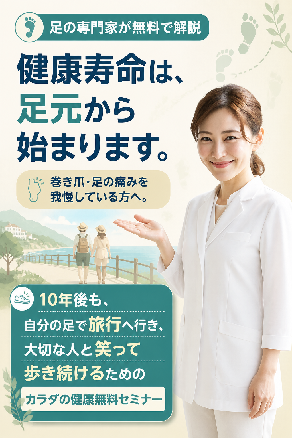 **足の専門家が無料で解説**

# 健康寿命は、  
# 足元から始まります。

巻き爪・足の痛みを我慢している方へ。

10年後も、  
自分の足で旅行へ行き、  
大切な人と笑って歩き続けるための

## カラダの健康無料セミナー